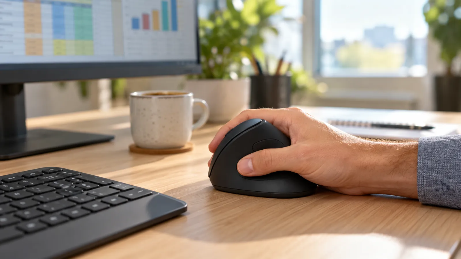 Mână ținând un mouse vertical ergonomic negru pe un birou de lemn, lângă o tastatură și o cană de cafea