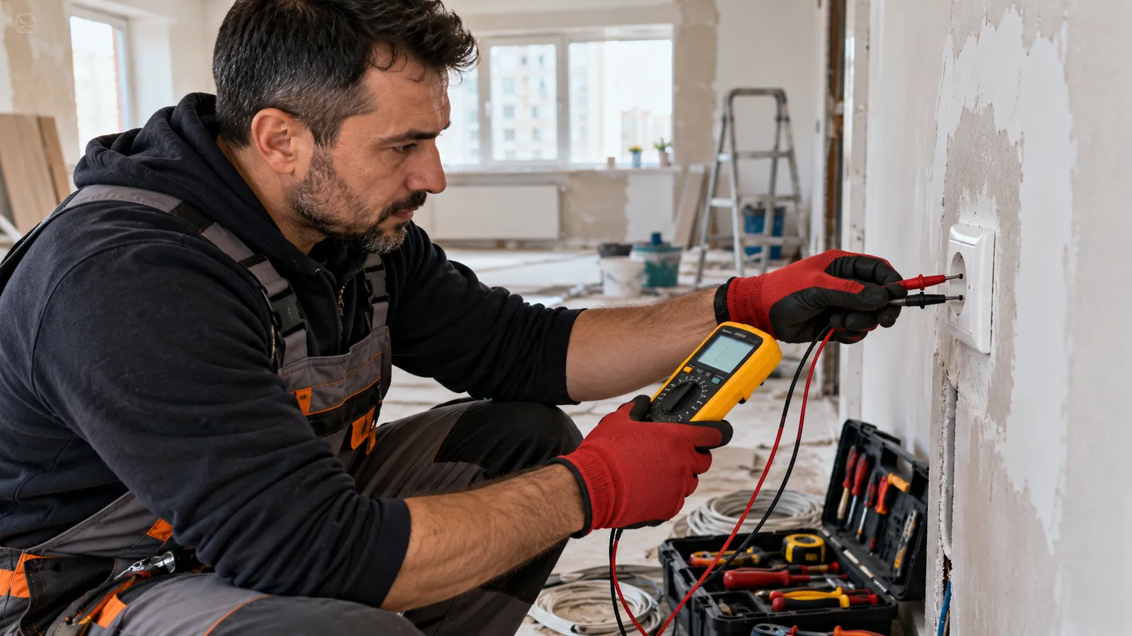 Electrician cu mănuși izolante care măsoară tensiunea într-o priză cu un multimetru digital galben, într-un apartament în renovare