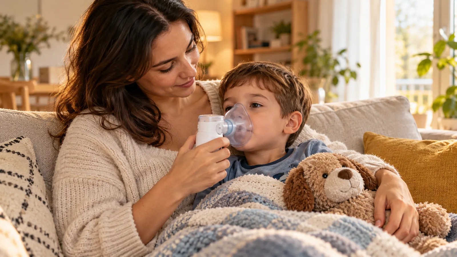Mamă care ține un nebulizator portabil cu mască pentru copii la fața copilului ei, așezat pe canapea, într-o cameră luminoasă