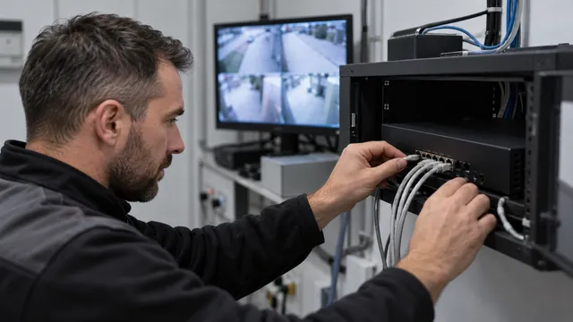Instalator de sisteme de securitate care conectează cabluri de rețea la un NVR într-un rack de perete, cu un monitor care arată patru camere de supraveghere