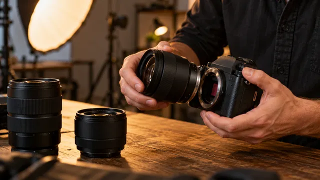 Un fotograf montează un obiectiv pe un aparat foto mirrorless negru într-un studio, cu alte obiective pe masă
