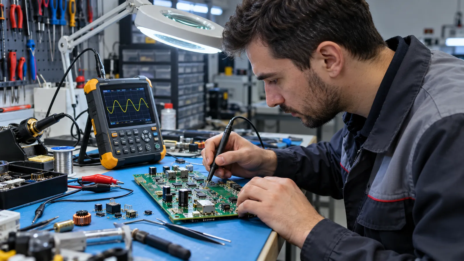 Tehnician electronist care măsoară cu sonda unui osciloscop portabil pe o placă electronică, pe un banc de lucru antistatic