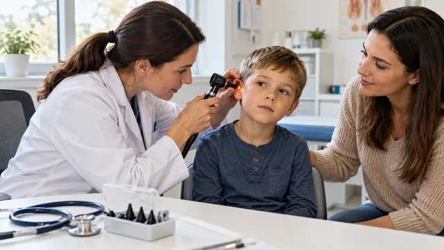 Medică de familie care examinează urechea unui băiat cu un otoscop, într-un cabinet medical luminos