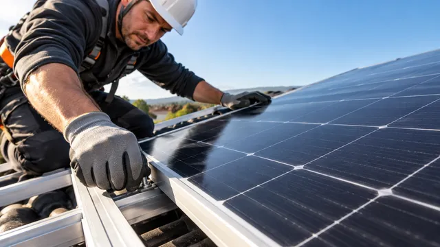 Un instalator cu cască fixează un panou fotovoltaic negru pe structura de aluminiu de pe acoperișul unei case