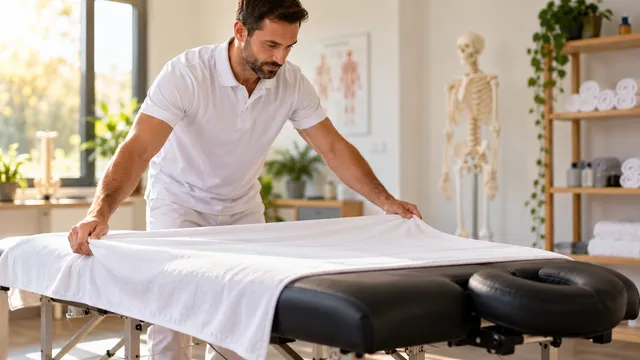 Fizioterapeut în tricou alb care întinde un cearceaf pe un pat de masaj negru cu tetieră, într-un cabinet luminos cu un schelet anatomic în fundal