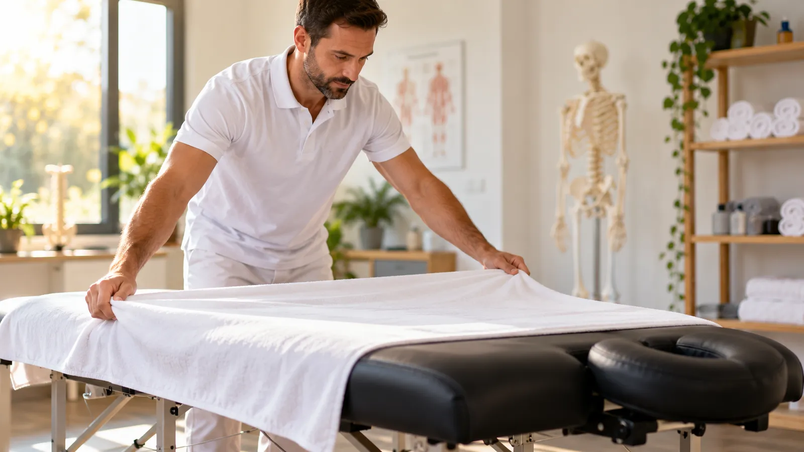 Fizioterapeut în tricou alb care întinde un cearceaf pe un pat de masaj negru cu tetieră, într-un cabinet luminos cu un schelet anatomic în fundal