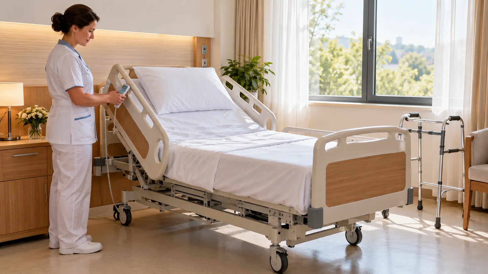 O asistentă medicală reglează cu telecomanda un pat medical electric cu laterale ridicate, într-o cameră de îngrijire luminoasă