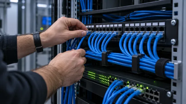 Administrator de rețele care conectează cabluri de rețea albastre într-un patch panel de 24 de porturi dintr-un rack, deasupra unui switch cu LED-uri verzi