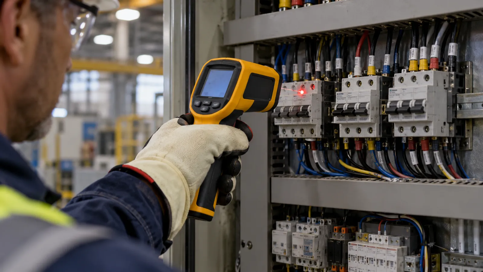 Un electrician cu mănuși izolante măsoară cu un pirometru temperatura siguranțelor dintr-un tablou electric industrial