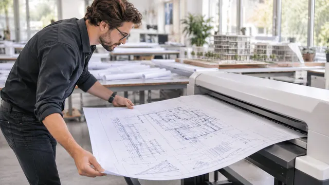 Arhitect care scoate o planșă de arhitectură mare dintr-un plotter de format mare într-un birou de proiectare