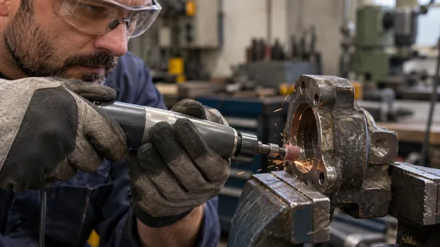Un lăcătuș cu ochelari de protecție șlefuiește o piesă metalică prinsă în menghină cu un polizor drept
