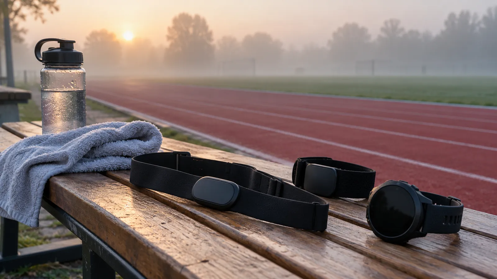 O bancă lângă o pistă de atletism dimineața, cu o centură de puls pentru piept, o bandă optică de braț, un ceas sport, o sticlă de apă și un prosop