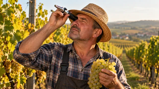 Viticultor în vie care privește printr-un refractometru de mână după ce a stors un bob de strugure pe prismă
