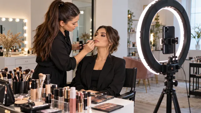 Make-up artist care machiază o clientă în fața unui ring light mare pe trepied, cu un telefon prins în centrul inelului