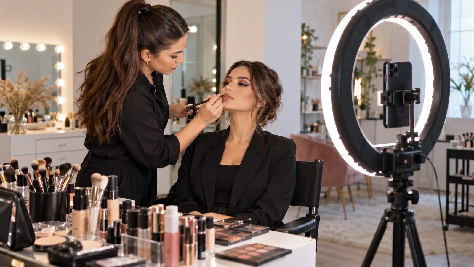 Make-up artist care machiază o clientă în fața unui ring light mare pe trepied, cu un telefon prins în centrul inelului