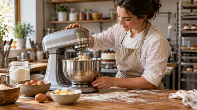 Cofetăriță cu șorț care frământă aluat cu un mixer planetar cu bol din inox, pe un blat de lemn cu făină și ouă