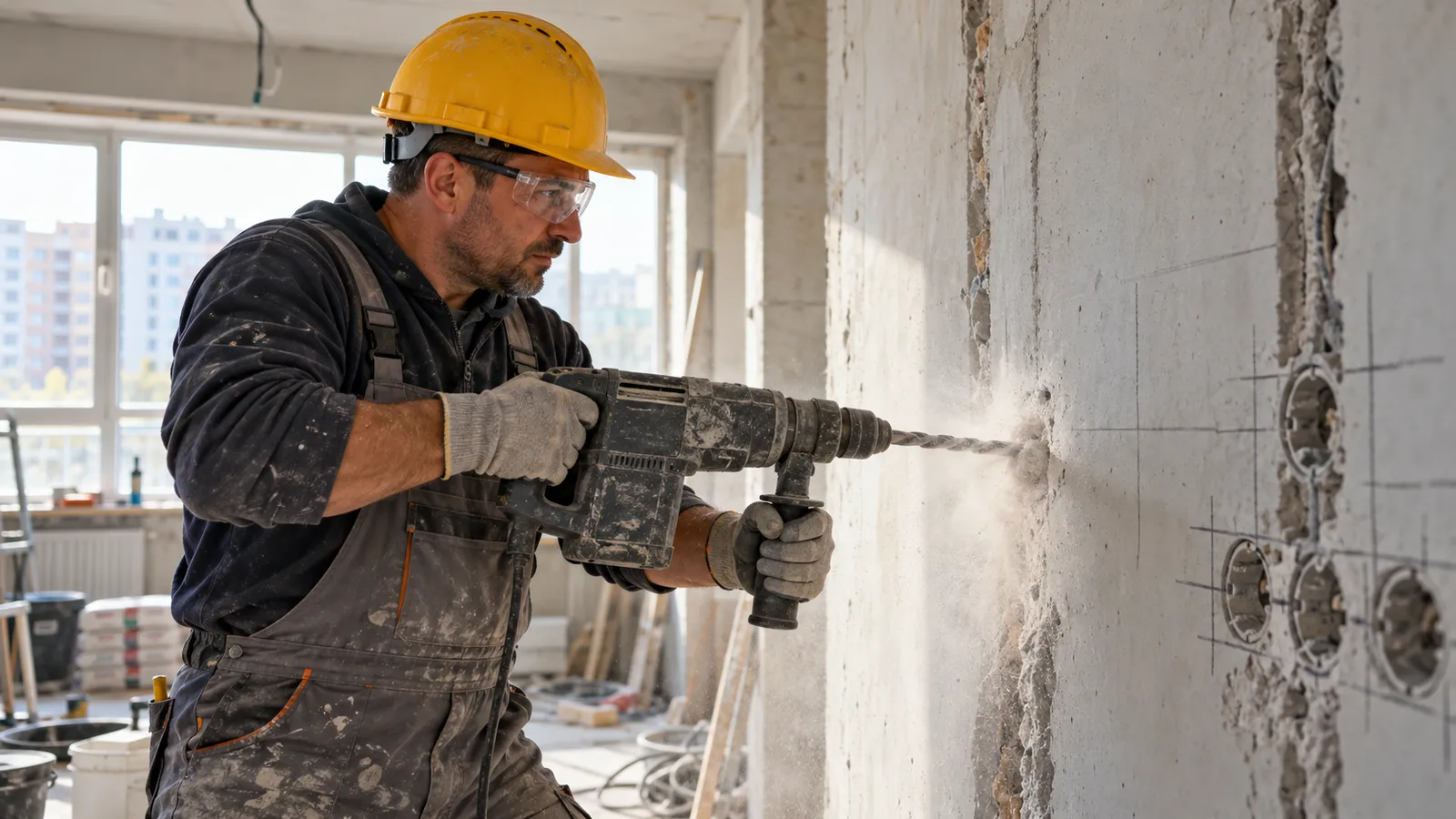 Electrician constructor cu cască și ochelari care dă o gaură în peretele de beton cu un ciocan rotopercutor SDS