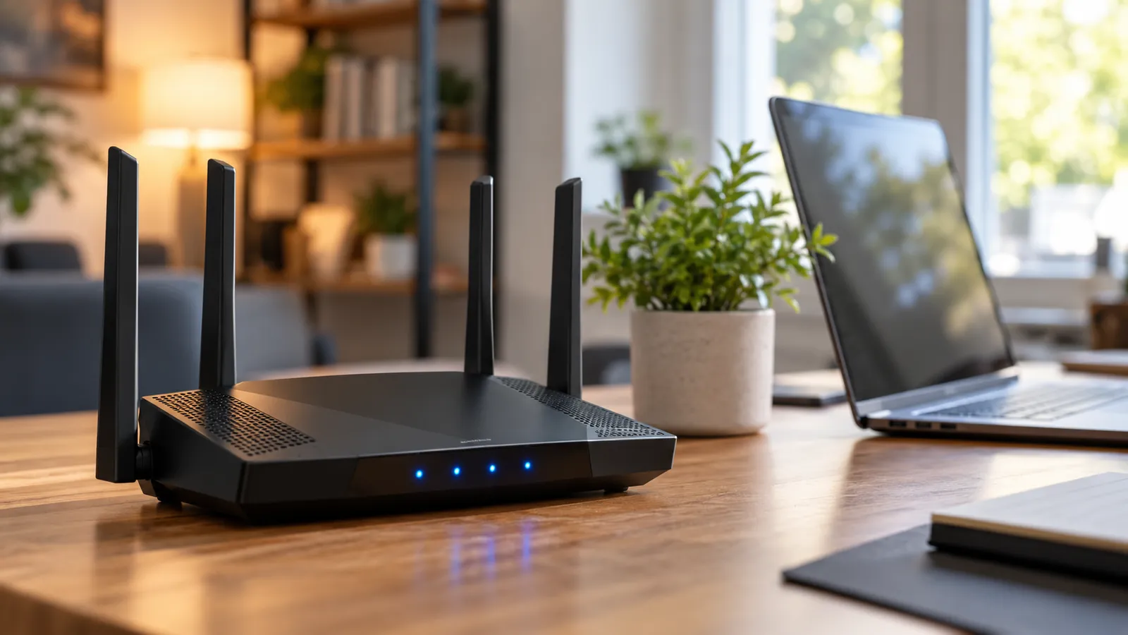 Un administrator de rețea configurează un router WiFi cu patru antene pe un birou, cu un laptop deschis alături