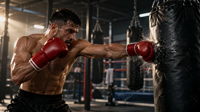 Boxer cu mănuși roșii care lovește un sac de box negru suspendat într-o sală de sport cu ring în fundal