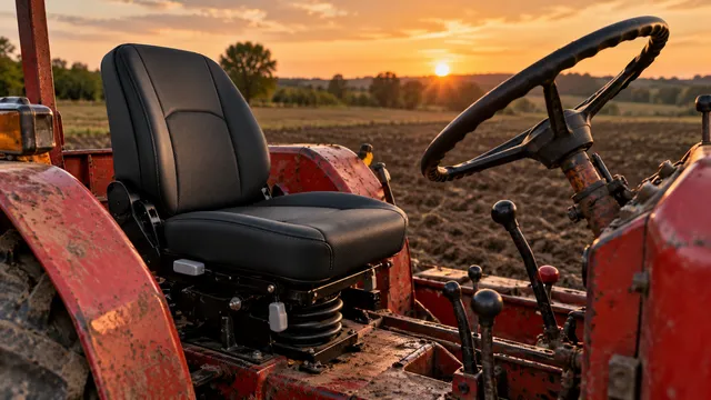 Scaun de tractor nou cu suspensie, montat în cabina unui tractor vechi românesc, cu un câmp arat în fundal