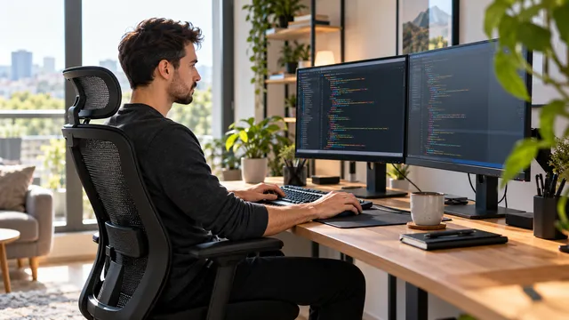 Programator așezat drept pe un scaun ergonomic de birou din mesh negru, la un birou cu două monitoare, într-un birou luminos
