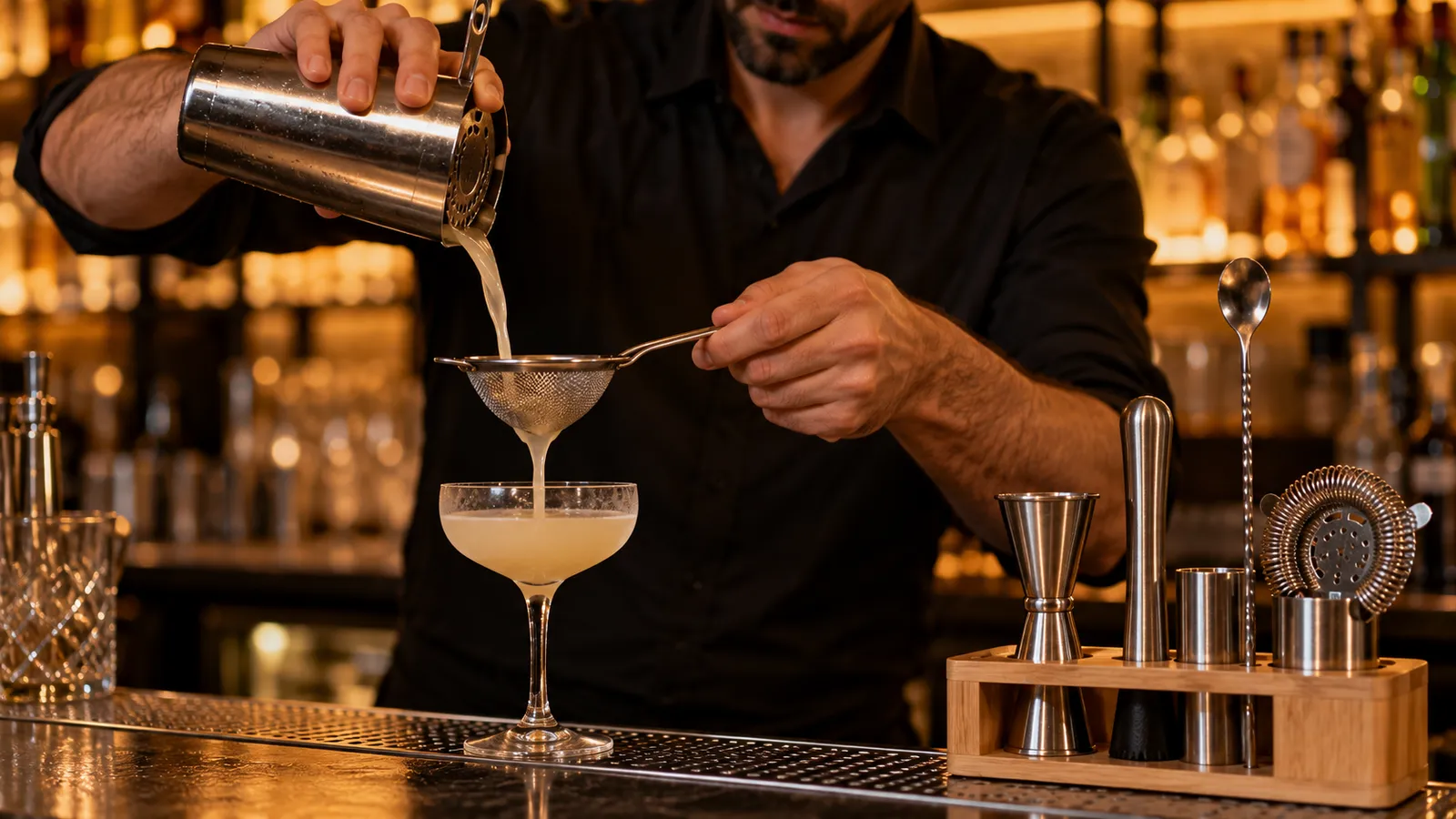 Barman care strecoară un cocktail dintr-un shaker de inox într-un pahar, lângă un set de ustensile de bar pe suport de bambus
