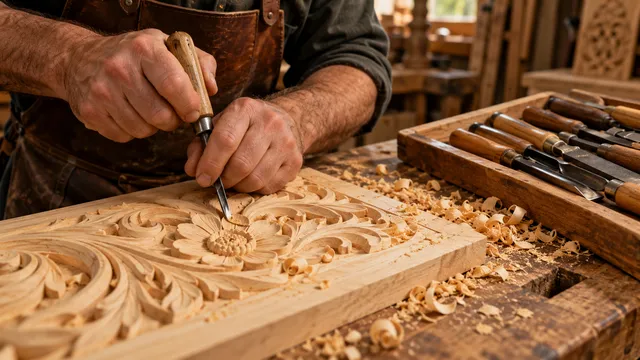 Sculptor în lemn care sculptează un ornament floral într-o placă de tei cu o daltă îngustă, cu un set de dălți alături