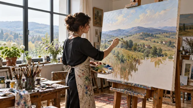 Pictoriță în atelier luminos care lucrează la un peisaj în ulei pe o pânză mare așezată pe un șevalet de lemn