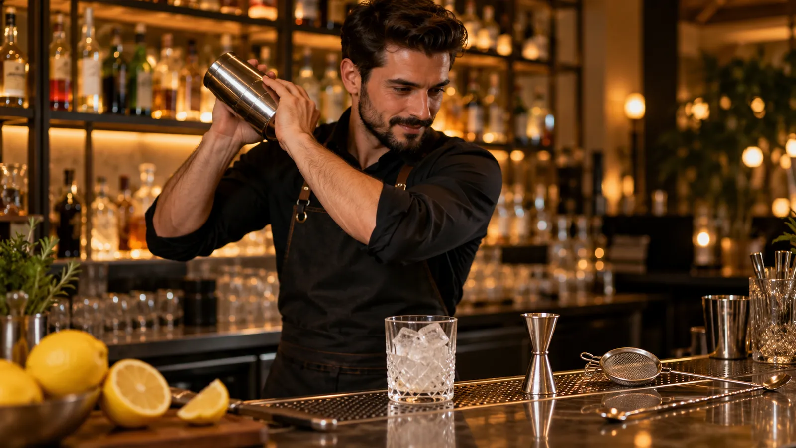 Barman care agită un shaker de cocktail din inox în spatele barului, cu jigger, strecurătoare, lingură de bar și lămâi tăiate pe tejghea
