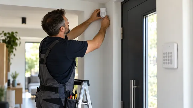 Instalator de sisteme de securitate care montează un senzor de mișcare wireless pe peretele unui hol, lângă ușa de intrare cu tastatura de alarmă