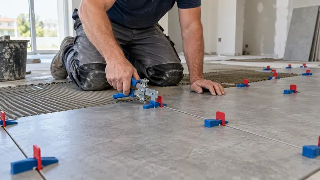 Faianțar îngenuncheat care montează plăci mari de gresie folosind clipsuri roșii de nivelare, pene albastre și un clește de strângere