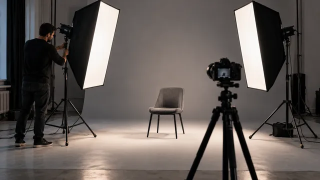Fotograf care pregătește două softbox-uri pe trepiede într-un studio foto pentru o ședință de portret