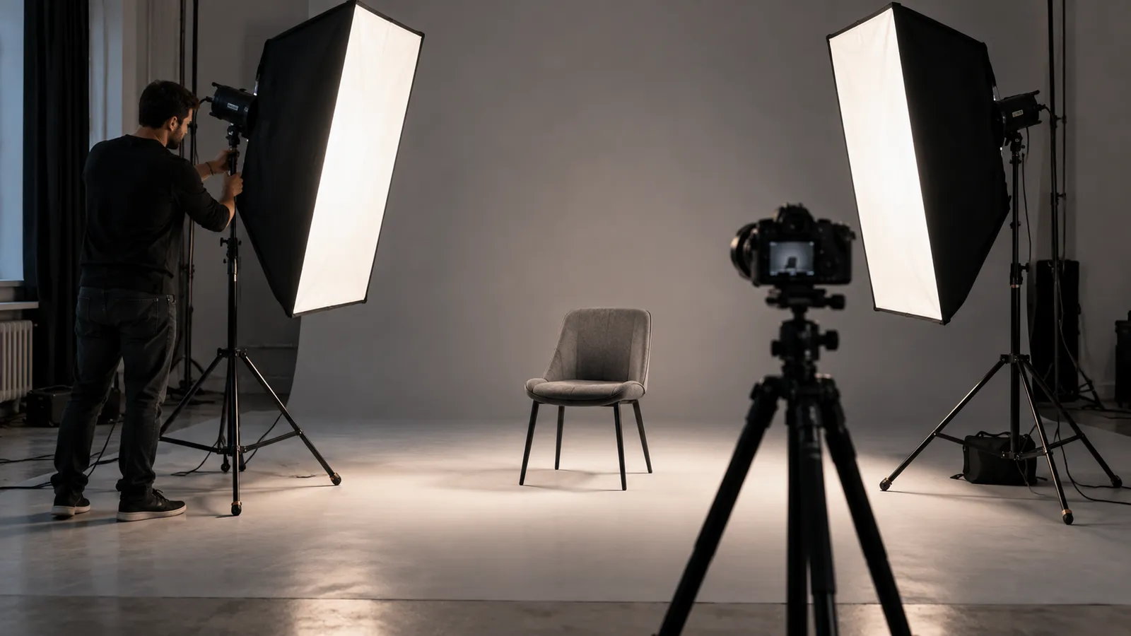 Fotograf care pregătește două softbox-uri pe trepiede într-un studio foto pentru o ședință de portret
