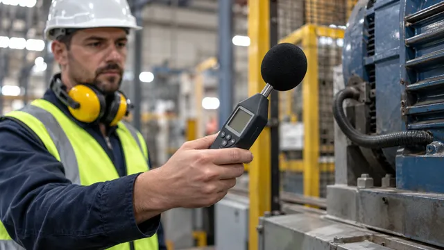 Specialist în protecția muncii cu cască și antifoane care măsoară zgomotul cu un sonometru portabil lângă o mașină industrială într-o hală
