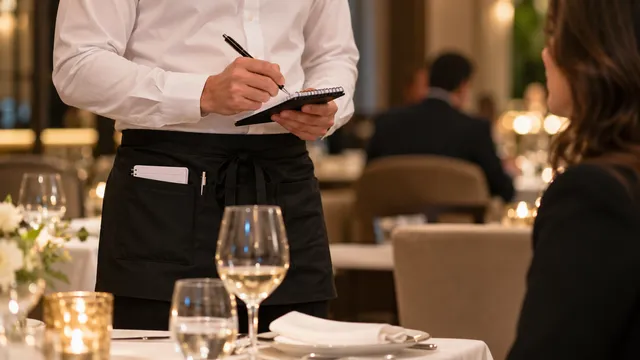 Un ospătar în cămașă albă și șorț scurt negru cu buzunare ia o comandă la o masă de restaurant