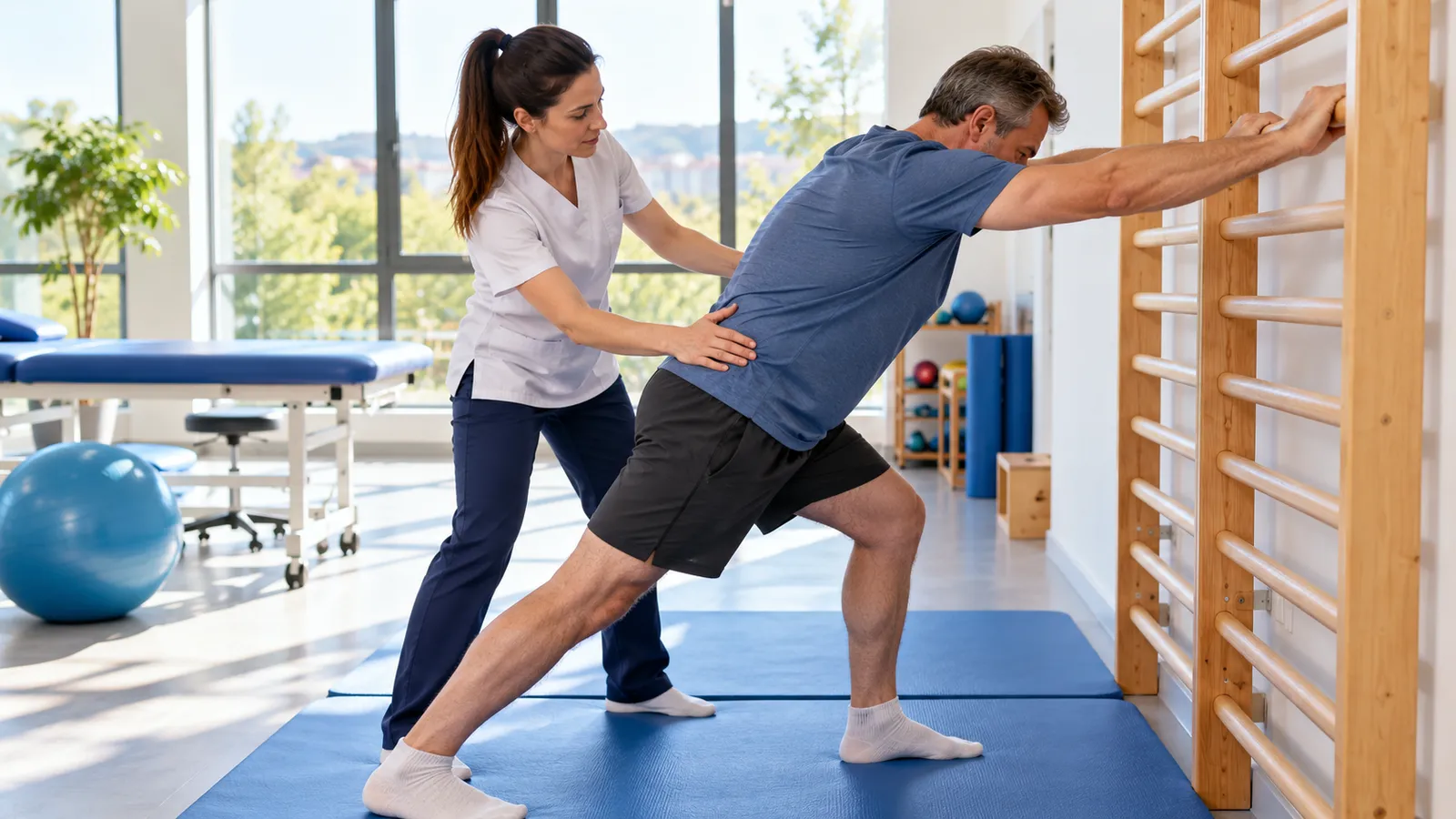 Kinetoterapeută care îi arată unui pacient cum să se întindă ținându-se de barele unui spalier din lemn montat pe perete