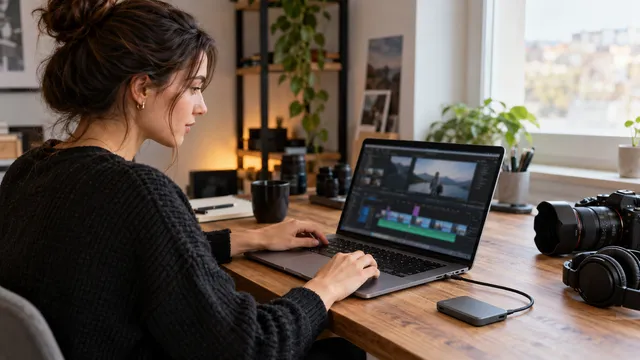Editoare video care lucrează la un laptop conectat cu un cablu USB-C la un SSD extern portabil, într-un studio mic