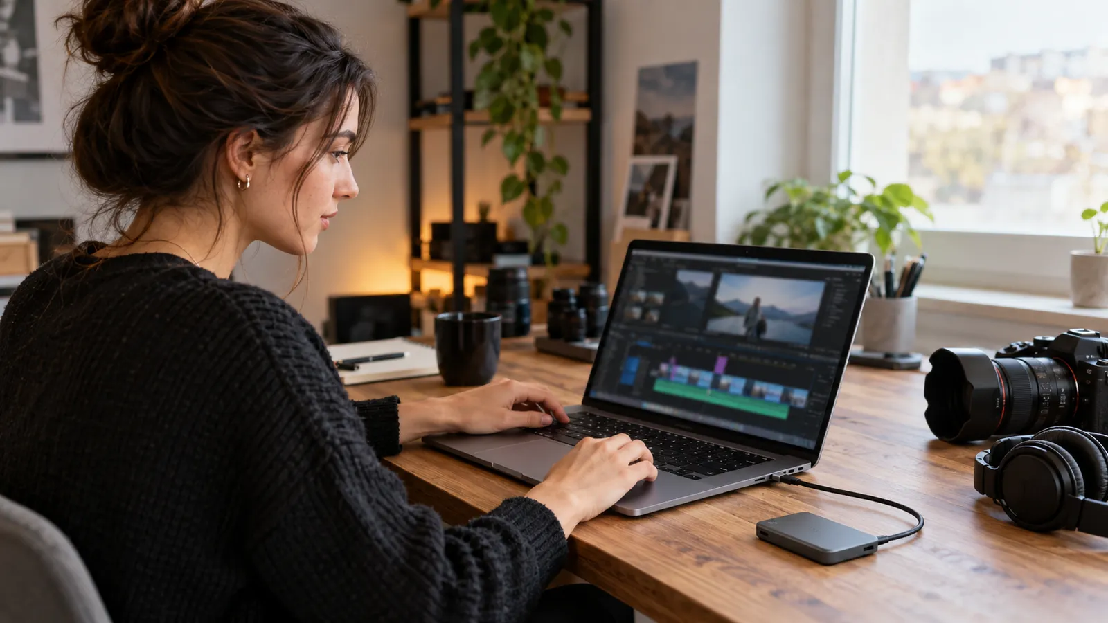 Editoare video care lucrează la un laptop conectat cu un cablu USB-C la un SSD extern portabil, într-un studio mic