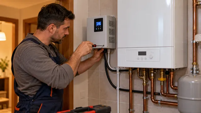 Electrician care montează un stabilizator de tensiune cu afișaj digital pe perete, lângă o centrală termică de apartament