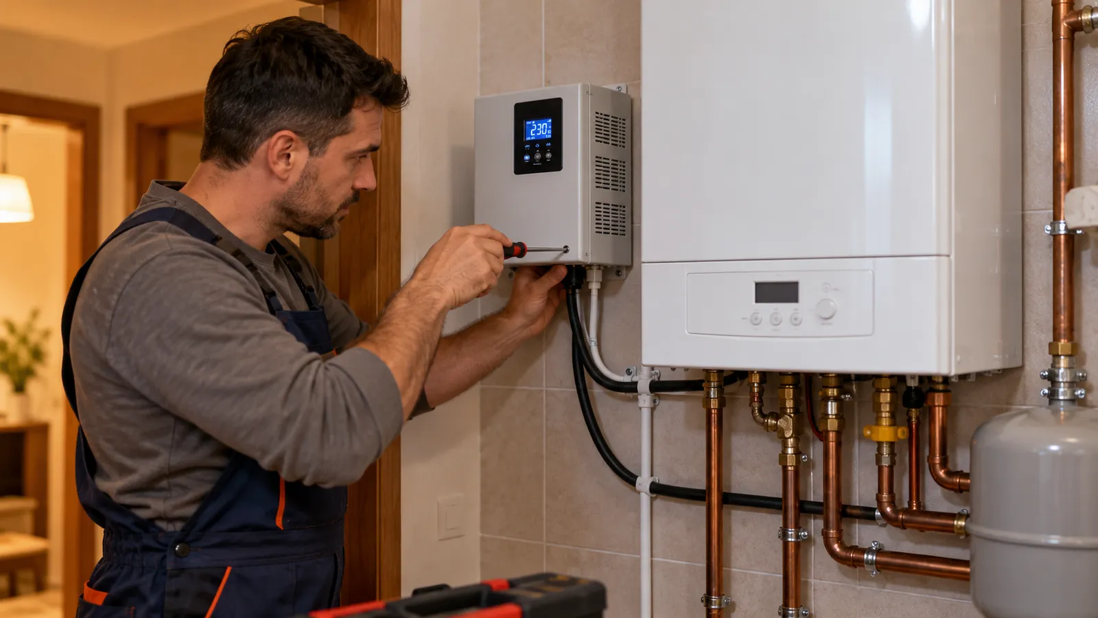 Electrician care montează un stabilizator de tensiune cu afișaj digital pe perete, lângă o centrală termică de apartament