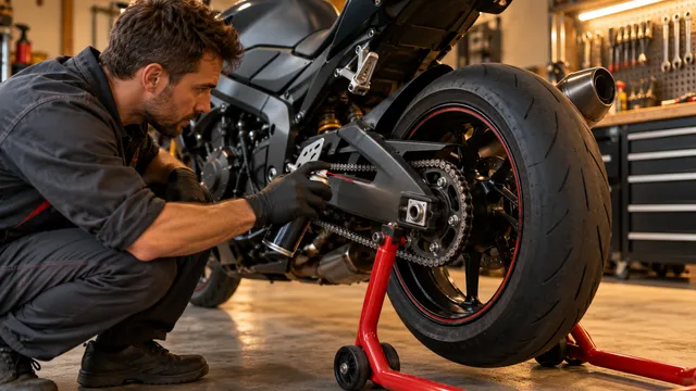 Motocicletă sport ridicată pe un stander de spate roșu, într-un garaj, cu lanțul pregătit pentru curățare