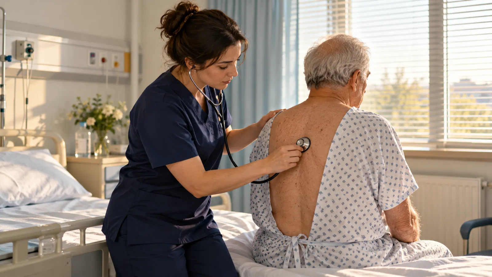 Asistentă medicală în costum bleumarin care ascultă cu stetoscopul spatele unui pacient vârstnic într-un salon de spital