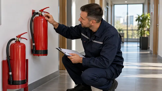 Specialist în securitate la incendiu care verifică manometrul unui stingător cu pulbere prins pe peretele unui hol de birouri