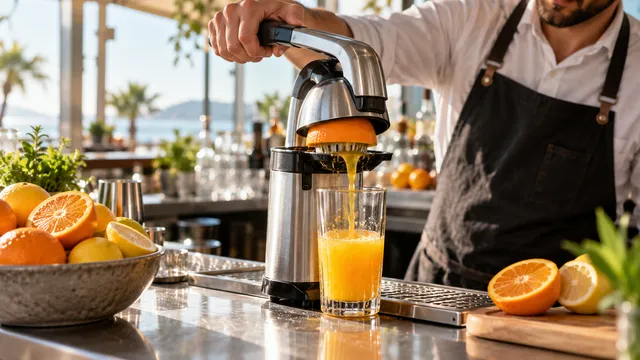 Barman care stoarce o jumătate de portocală cu un storcător de citrice cu braț, cu sucul curgând direct în pahar