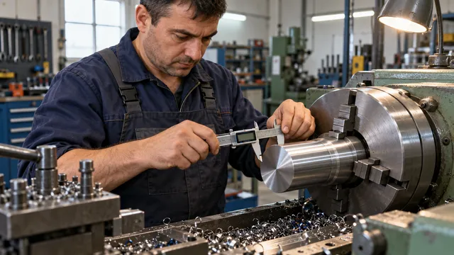 Strungar care măsoară diametrul unei piese metalice strunjite cu un șubler digital din inox, lângă un strung