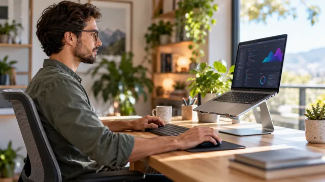 Programator care lucrează la un laptop ridicat pe un suport din aluminiu, cu tastatură și mouse separate pe birou