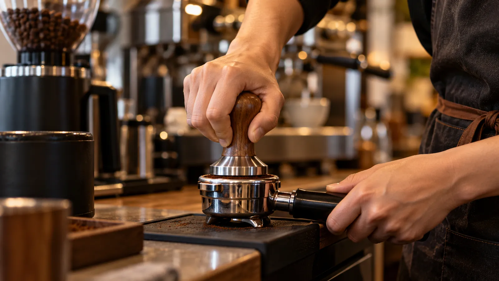 Mâna unui barista care apasă cafeaua în portafiltru cu un tamper din inox cu mâner de lemn, pe un covoraș de cauciuc, lângă rașniță