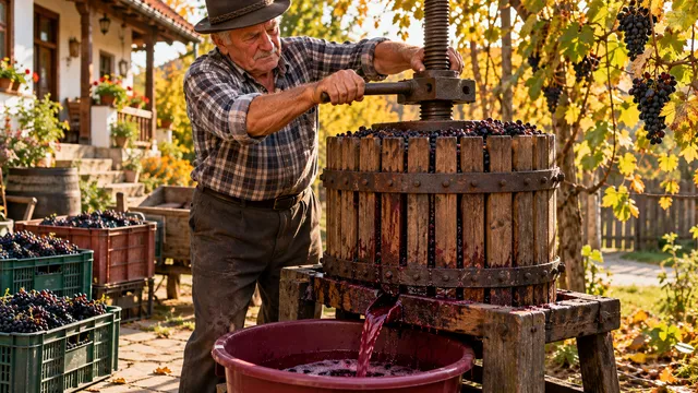 Viticultor care presează struguri zdrobiți într-un teasc de lemn cu șipci, cu mustul curgând într-un vas