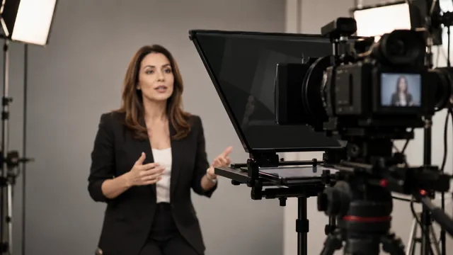 Prezentatoare care vorbește în fața unei camere video cu teleprompter montat pe obiectiv, citind textul reflectat în sticla din fața camerei, într-un studio mic