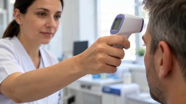 O asistentă medicală măsoară temperatura unui pacient adult cu un termometru cu infraroșu ținut lângă frunte